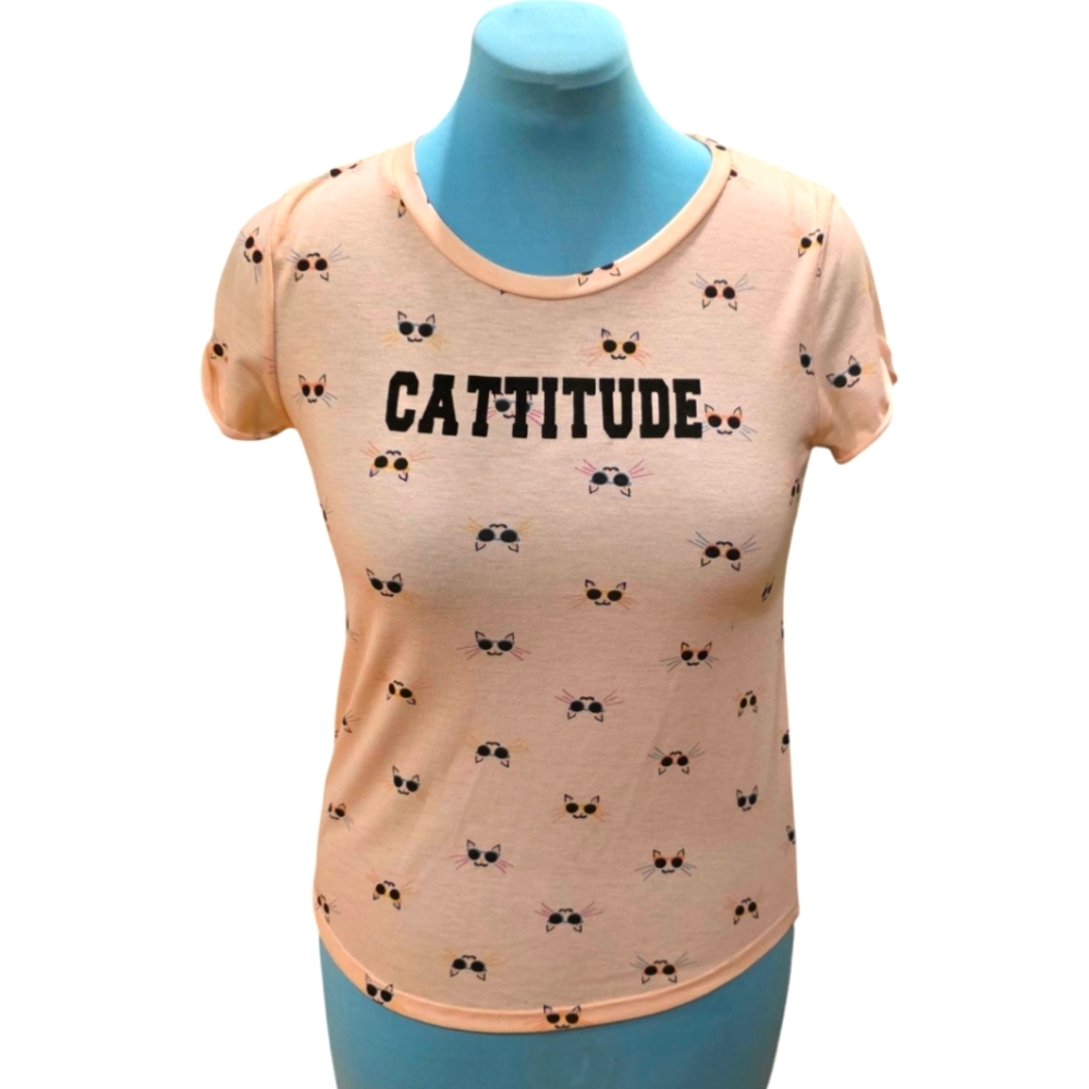 WallFlower - Size M - Salmon Pink - 'Cattitude' - Cat Print - Shirt